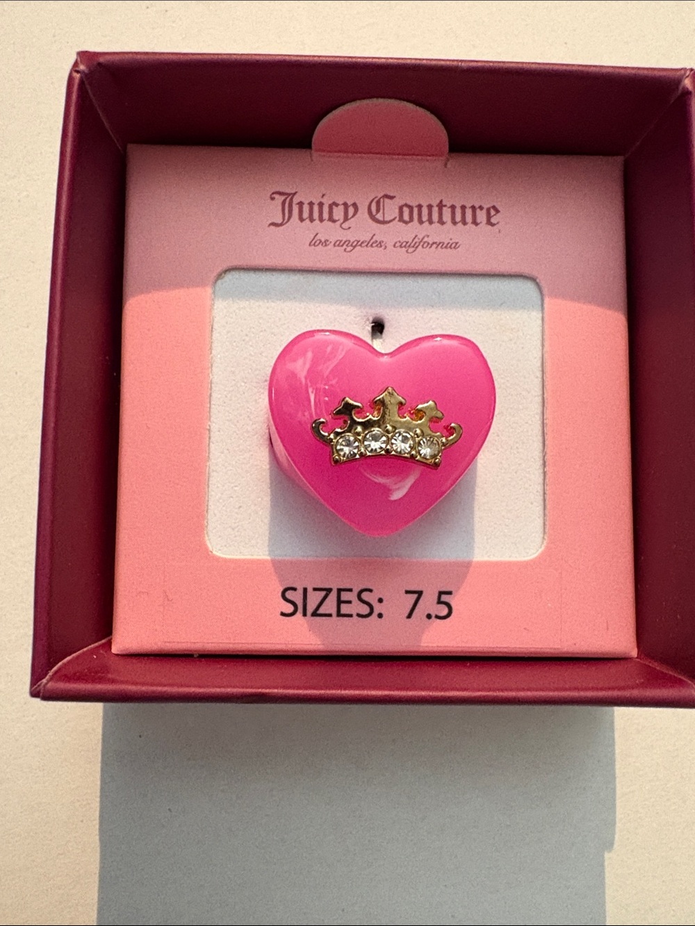 NWOT Juicy Couture Hot Pink Heart Ring with Gold Crown and Rhinestones -